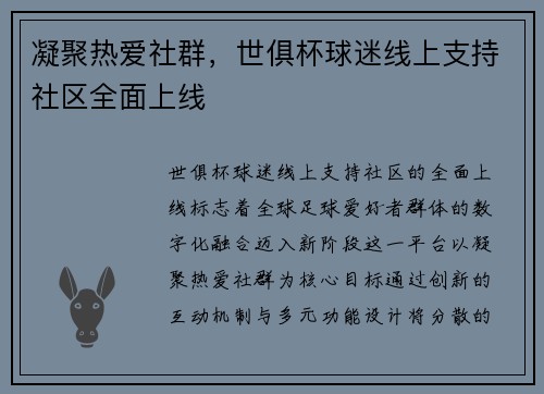 凝聚热爱社群，世俱杯球迷线上支持社区全面上线