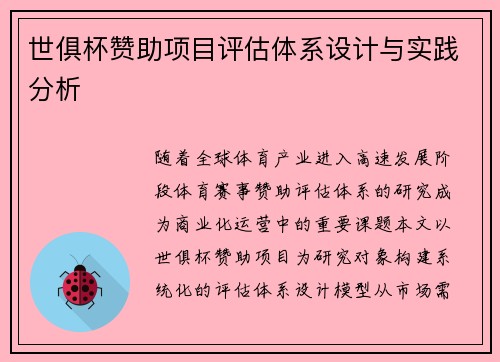 世俱杯赞助项目评估体系设计与实践分析